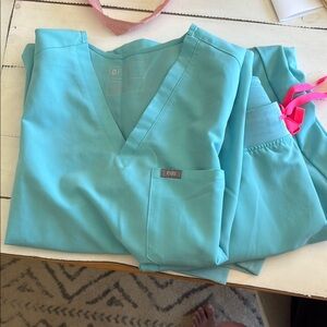 Figs blue Scrub Set with Neon Pink Ties